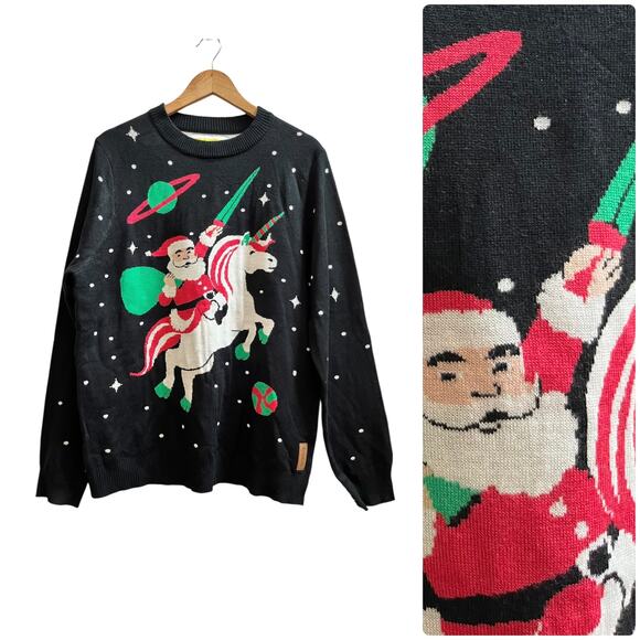 Tipsy Elves Men’s Santa Unicorn Ugly Christmas Crew Neck Sweater Size Large - Picture 1 of 11